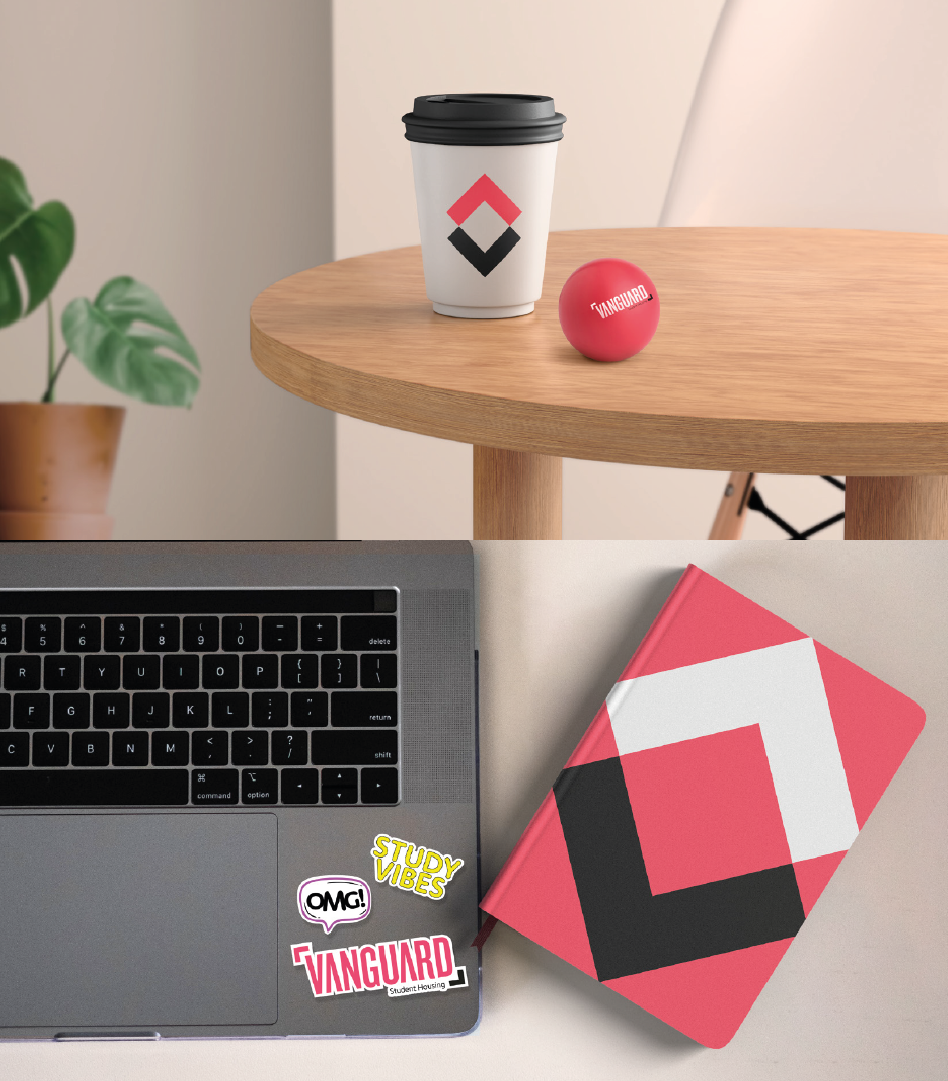 Diseño y producción de material promocional y merchandising para empresa de coliving Vanguard