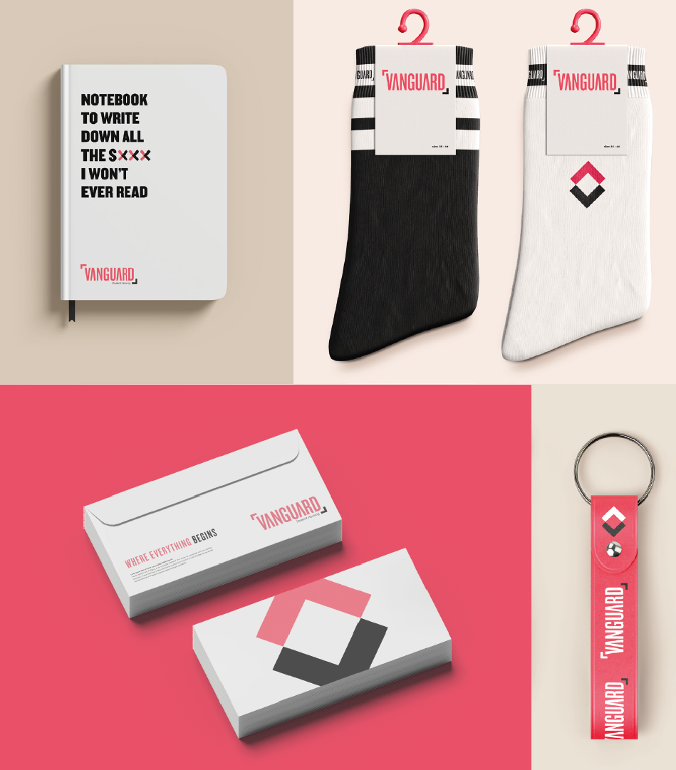Diseño y producción de material promocional y merchandising para empresa de coliving Vanguard